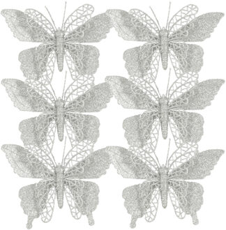 House of Seasons Kerstboomversiering Vlinder - 6x stuks - 16 cm - zilver glitter - op clip