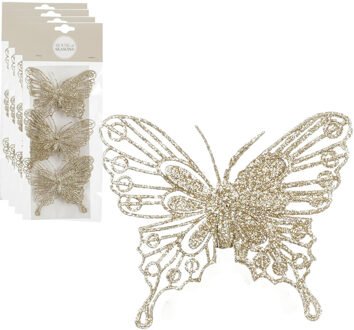 House of Seasons Kerstboomversiering vlinders op clip - 12x stuks - champagne - 10 cm - kunststof