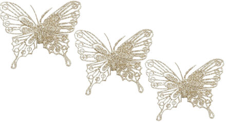 House of Seasons Kerstboomversiering vlinders op clip - 3x stuks - champagne - 10 cm - kunststof