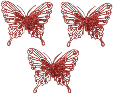 House of Seasons Kerstboomversiering vlinders op clip - 3x stuks - rood - 10 cm - kunststof