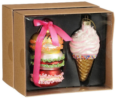 House of Seasons Kersthangers - 4x stuks - glas - macaron en ijsje - kerstornamenten