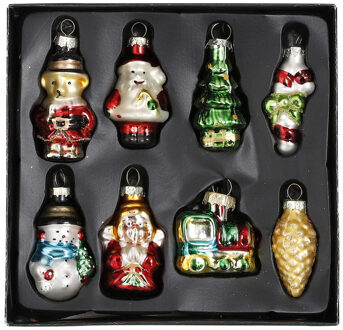 House of Seasons Kersthangers - 8x - glas - kerstornamenten set - 15,5 x 15 cm - Kersthangers Multikleur