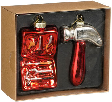 House of Seasons Kersthangers gereedschap - 2x stuks - glas - gereedschapskist en hamer - kerstornamenten