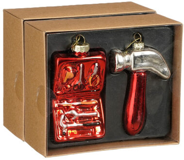 House of Seasons Kersthangers gereedschap - 4x stuks - glas - gereedschapskist en hamer - kerstornamenten