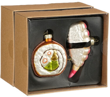 House of Seasons Kersthangers sushi - 4x stuks - glas - 14 x12 x 5,5 cm - kerstornamenten - kerstversiering