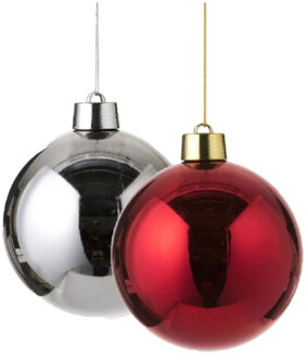 House of Seasons Kerstversieringen set van 2x grote kunststof kerstballen rood en zilver 20 cm glans - Kerstbal