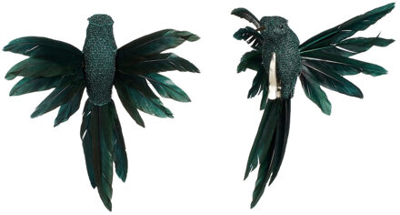 House of Seasons Kolibrie vogels op clip - 2x st - donkergroen - 12 x 13 x 7,5 cm -kunststof- kerstboomversiering