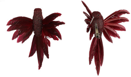 House of Seasons Kolibrie vogels op clip - 2x st - rood - 12 x 13 x 7,5 cm -kunststof- kerstboomversiering