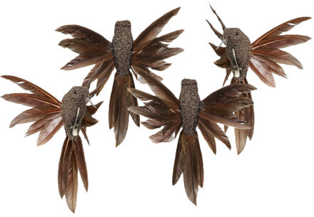 House of Seasons Kolibrie vogels op clip - 4x st - bruin - 12 x 13 x 7,5 cm -kunststof- kerstboomversiering