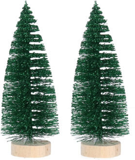 House of Seasons Mini decoratie kerstboompjes - 2x st - groen - glitter - H15 cm - kunststof - miniboompjes