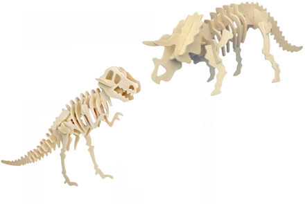 Houten 3D dieren dino puzzel set - T-rex en Triceratops - Speelgoed bouwpakketten - kinderen