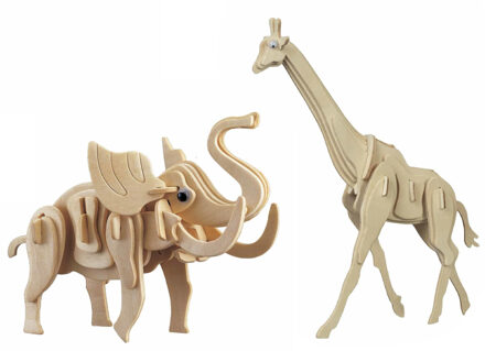 Houten 3D dieren puzzel bouwpakket set Olifant en Giraffe