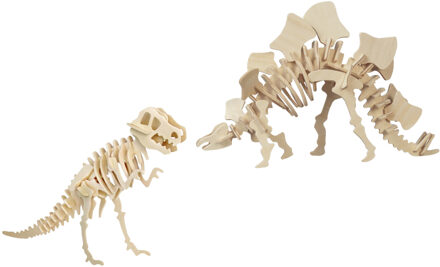 Houten 3D dino puzzel bouwpakket set - T-rex en Stegosaurus