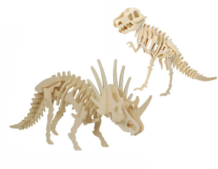 Houten 3D dino puzzel bouwpakket set T-rex en styracosaurus - 3D puzzels