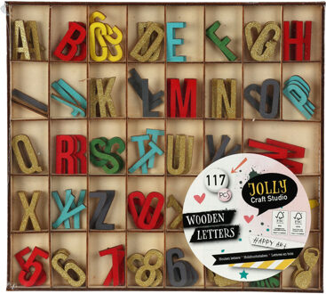 Houten alfabet letters en cijfers - felle kleuren mix - hoogte 2.5 cm per stuk - 117x stuks Multi