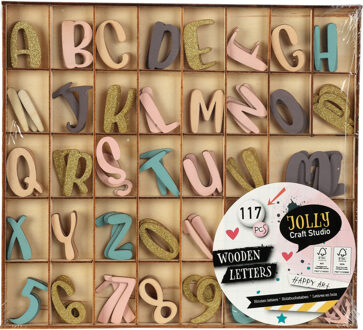 Houten alfabet letters en cijfers - pastel kleuren mix - hoogte 2.5 cm per stuk - 117x stuks