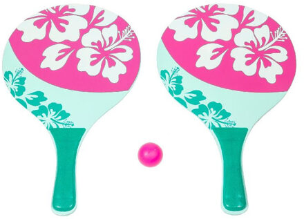 Houten beachball set groen/roze met bloemen print - Beachballsets Multikleur