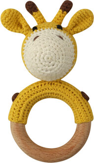 Houten Bijtring & Rammelaar - Met Gebreid Dierenfiguurtje - Ø 7 cm - Giraf Multicolor