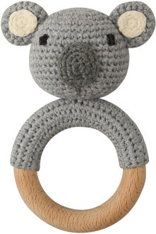 Houten Bijtring & Rammelaar - Met Gebreid Dierenfiguurtje - Ø 7 cm - Koala Multicolor