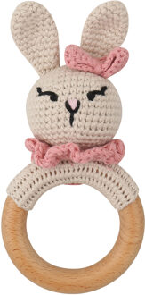 Houten Bijtring & Rammelaar - Met Gebreid Dierenfiguurtje - Ø 7 cm - Konijn Multicolor