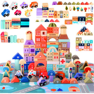 houten blokken - multicolor - hout - 115x stuks - stad bouwen - incl puzzel mat