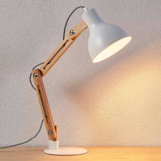 Houten bureaulamp met witte kap Shivanja wit, essenhout