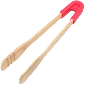 Houten Clip Broodrooster Tang Snack Clip Non-stick Bamboe Voedseltangen Koken Gereedschap Cake Gebak Steak Bbq Tang Grip siliconen plein rood