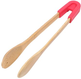 Houten Clip Broodrooster Tang Snack Clip Non-stick Bamboe Voedseltangen Koken Gereedschap Cake Gebak Steak Bbq Tang Grip siliconen ronde rood