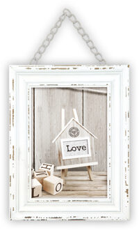 Houten fotolijst vintage wit met metalen ophangketting geschikt voor een foto van 13 x 18 cm - Fotolijsten