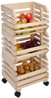 Houten fruitkisten op karretje / fruitmanden 80 cm - Opberg trolley Beige