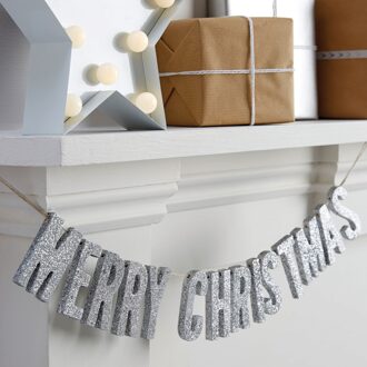 Houten Glitter Slinger Merry Christmas (70cm) Zilver - Grijs