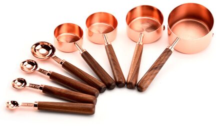 Houten Handvat Maatlepel Cup Rose Gold Rvs Schaal Scoop Set Keuken Bakken Meetinstrument 4stk spoon4pcs Cup