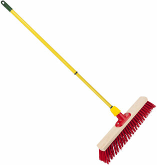 Houten harde straatbezem/buitenbezem rood elaston 40 cm met metalen telescoopsteel geel 80 - 130 cm