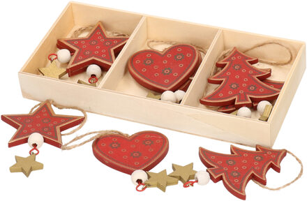 Houten kerstboomversiering rode houten ornamenten 10 cm - Kersthangers Rood