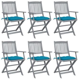 Houten Klapstoelen Set - Acaciahout - Greywash - 54x57x91cm - Lichtblauwe kussens