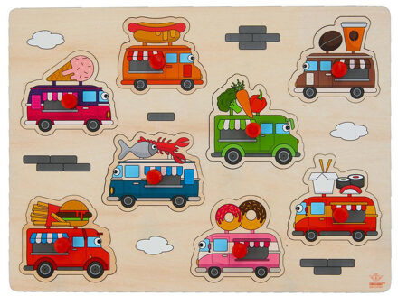 Houten knopjes/noppen speelgoed puzzel foodtruck thema 30 x 22 cm - Legpuzzels