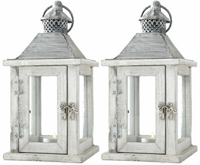 Houten Lantaarn - 2x - windlicht kaarsenhouders - wit - 13 x 25 cm