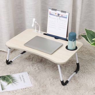 Houten Laptop Bureau Vouwen Standhouder Studie Tafel Usb Computer Bureau Voor Bed Sofa Tea Serving Table Stand Met Licht fan wit