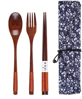 Houten Lepel Vork Eetstokjes Set Draagbare Outdoor Bestek Set Japanse Stijl Servies Set Lange Steel Lepel Houten Servies bruin blauw Pouch