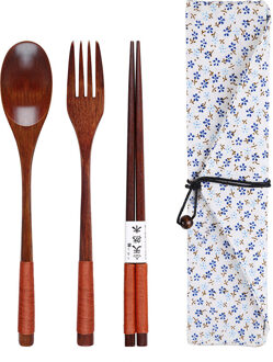 Houten Lepel Vork Eetstokjes Set Draagbare Outdoor Bestek Set Japanse Stijl Servies Set Lange Steel Lepel Houten Servies bruin wit Pouch