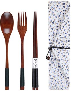 Houten Lepel Vork Eetstokjes Set Draagbare Outdoor Bestek Set Japanse Stijl Servies Set Lange Steel Lepel Houten Servies zwart wit Pouch