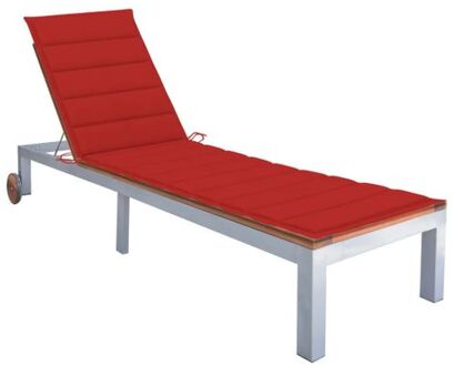 Houten Ligbed Tuin - 207 x 70 cm - Verstelbare rugleuning - Rood kussen