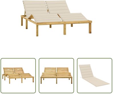 Houten Loungebed - 2-persoons tuinbed - Geïmpregneerd grenenhout - Verstelbare rugleuning - Inclusief Crème