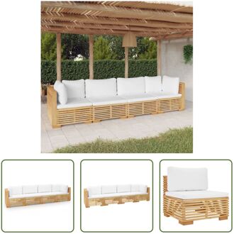 Houten Loungeset 2x Middenbank 2x Hoekbank - Crèmewit Kussen - Teakhout - Afmetingen 69.5x69.5x60 cm Bruin