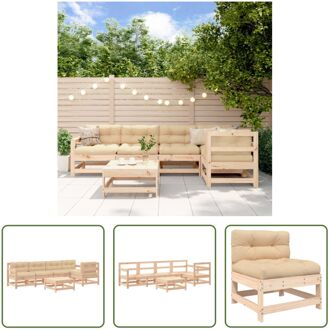 Houten Loungeset - Grenenhout - Modulair - Beige Kussens - 6-zits Bruin