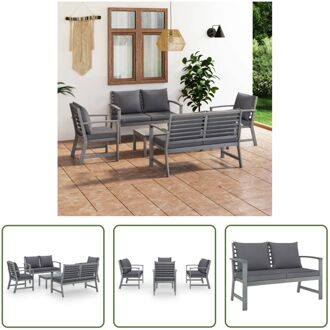 Houten Loungeset - grijs - 2 stoelen + 2 bankjes - afneembare kussens - acaciahout - 100x50x33 cm