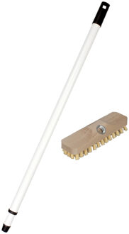 Houten luiwagen schrobborstel/schrobber inclusief metalen telescoopsteel wit 130 cm