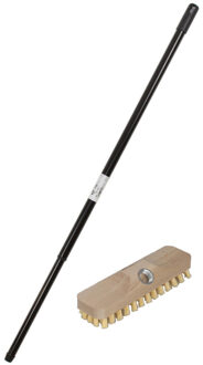Houten luiwagen schrobborstel/schrobber inclusief metalen telescoopsteel zwart 130 cm