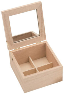 houten opbergkistje met sluiting/deksel - 13 x 13 x 7 cm - Sieraden - vakjes en spiegel