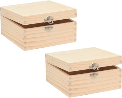 Houten opbergkistje met sluiting en deksel - 2x - 16 x 16 x 8 cm - Sieraden/spulletjes/sleutels